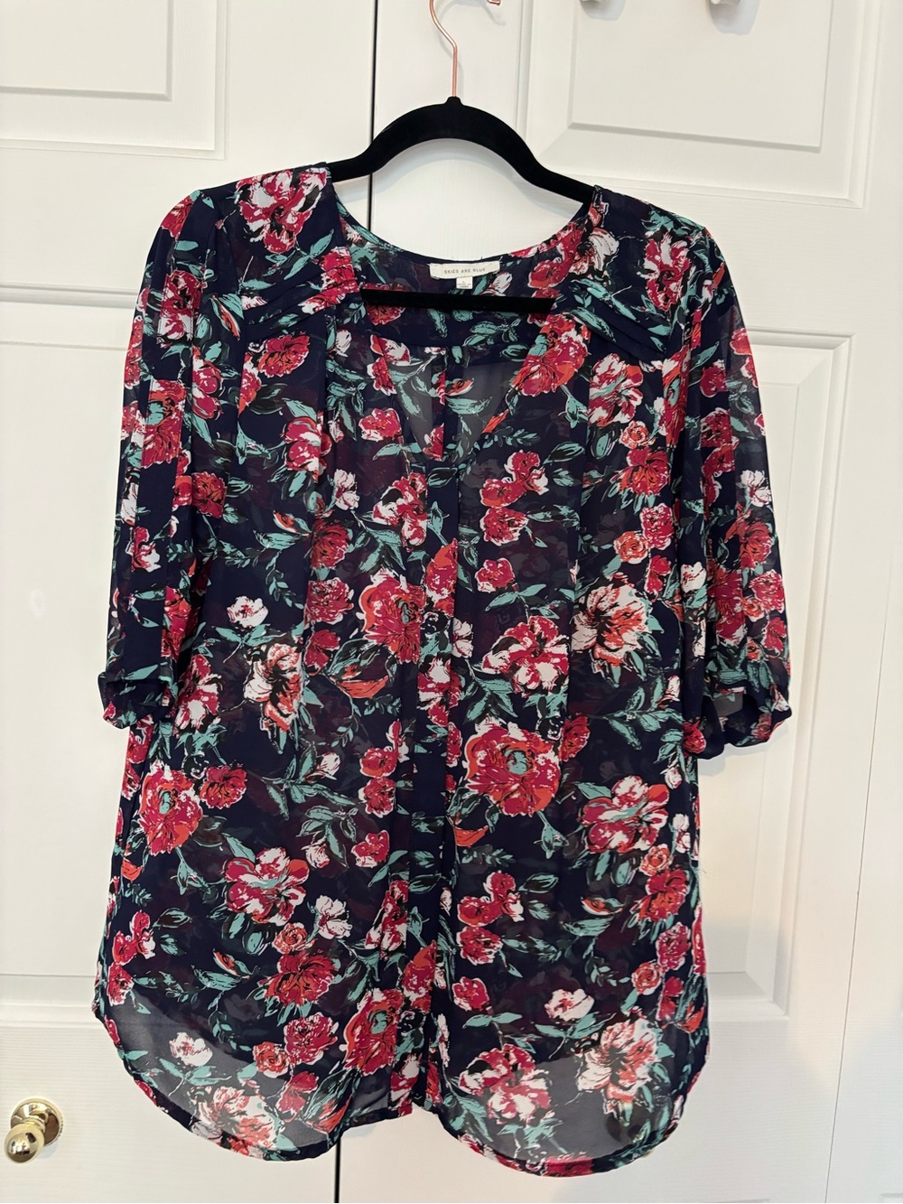 Skies Are Blue Black Sheer Blouse with Red Floral Print